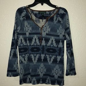 Blue print shirt with brown detailing